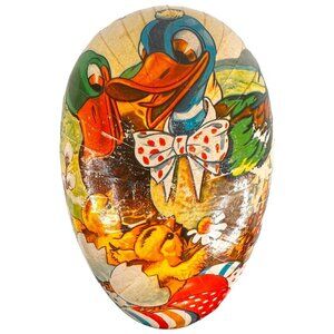 Vintage German Paper Mache Egg Candy Container 6” Doily Trim Ducks With Babies